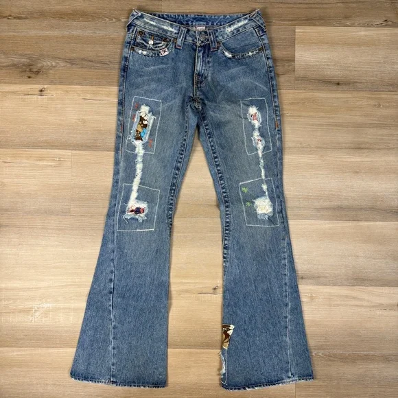 True Religion Low Rise Distressed Flare Jeans, Size 27 - Picture 1 of 7